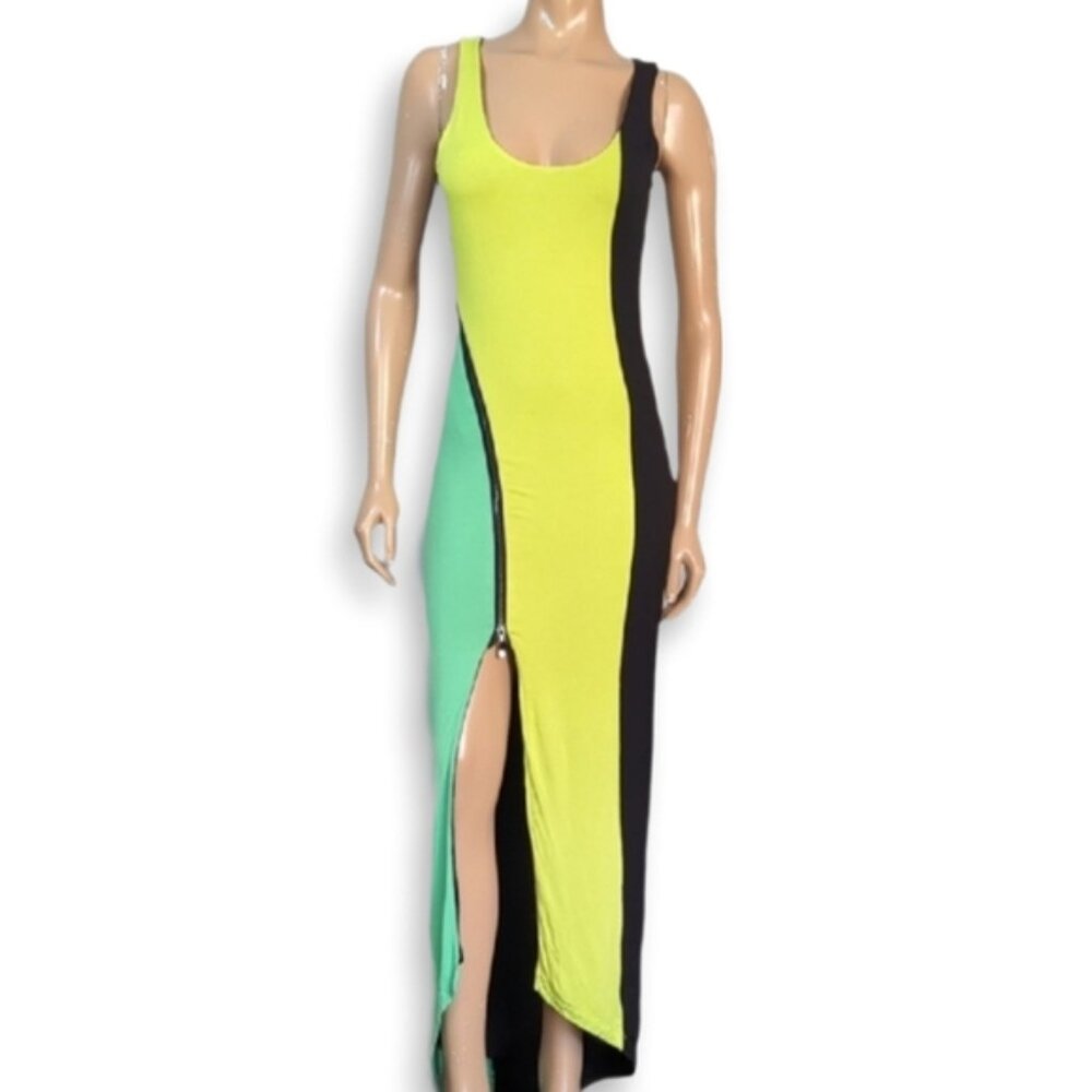 💠Bebe Addiction Colour Block Maxi Dress Women' Size Small Neon Green Sleeveless - Picture 15 of 15